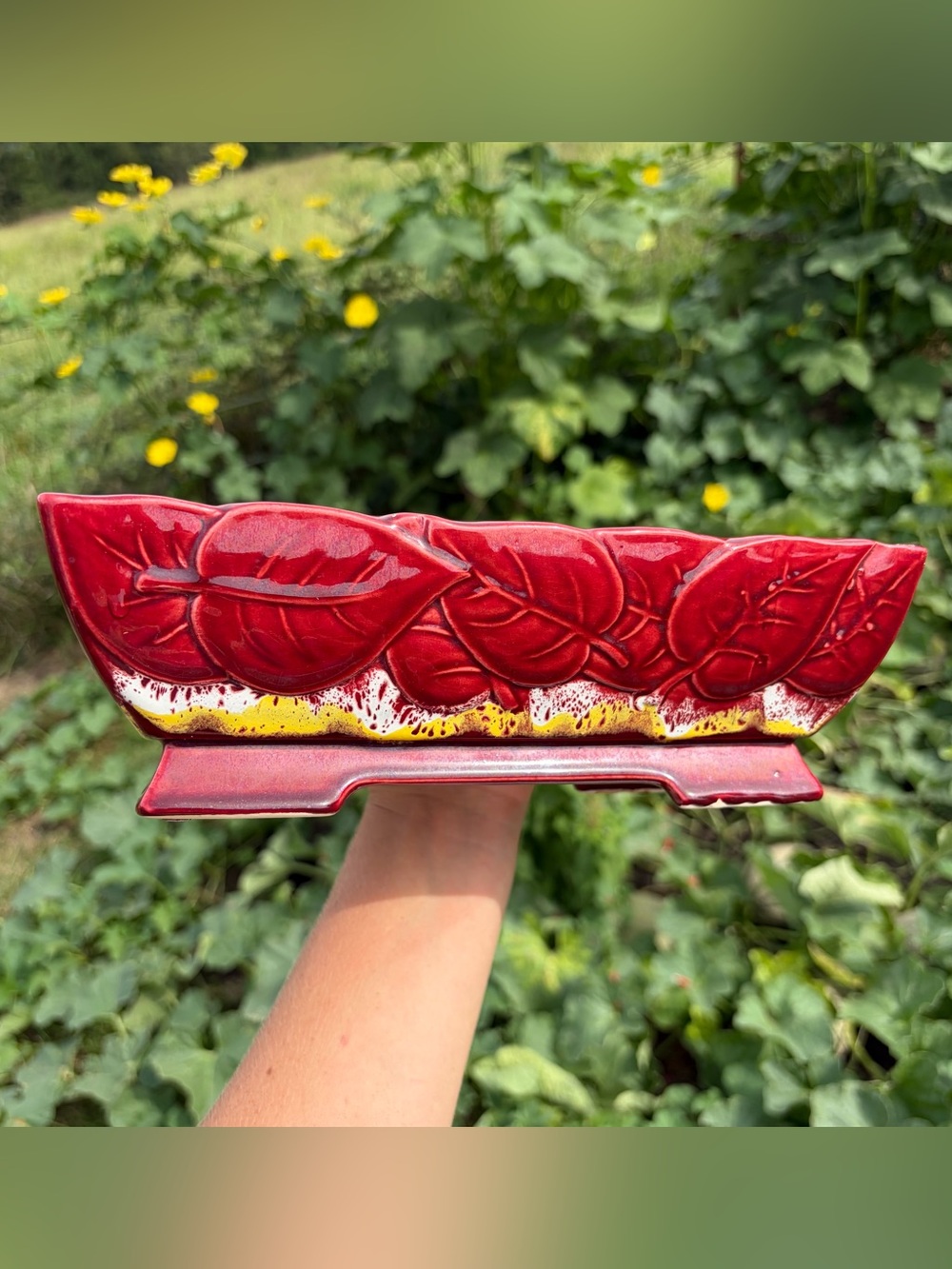 Vintage 1940s California Art Pottery Red Yellow White Rectangle Footed Planter